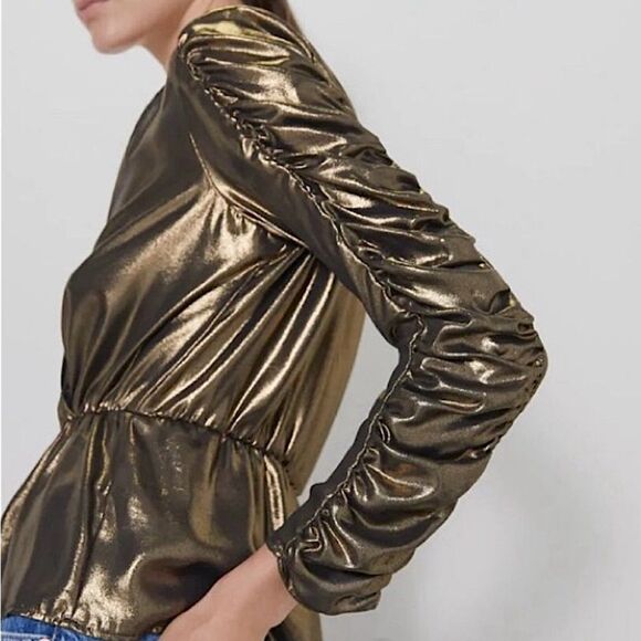ZARA Blouse Gold Wrap Shirt Peplum Top Size Small - Picture 1 of 9